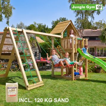 Jungle Gym legetårn Cubby m/klatremodul og gynger inkl. 120 kg sand trykimprægneret træ grøn 440x400x305 cm