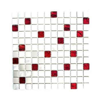 Mosaik Quadrat alu og glas mix sølv og rød 30x30 cm