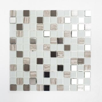Mosaik selvklæbende glas, sten og stål hvid mix 30x30 cm