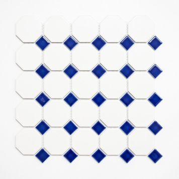 Mosaik Octagon keramik hvid og blå 29,5x29,5 cm