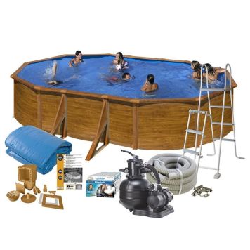 Swim & Fun pool oval Basic træfarvet m/filtersystem, skimmersæt, stige og støtter 500x300x120 cm