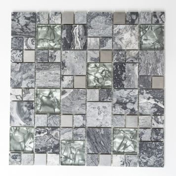 Mosaik Combi stål glas & sten grå mix 30x30 CM