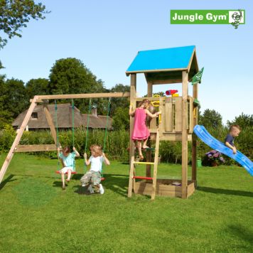 Jungle Gym legetårn Castle m/gyngemodul trykimprægneret træ blå 505x235x298 cm
