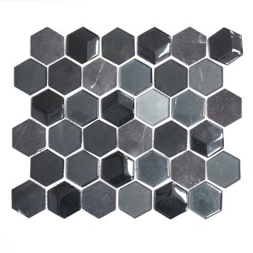 Mosaik Hexagon glas/marmor 3D sort mix 26 x 30 cm