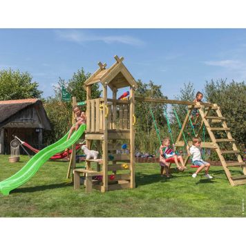 Jungle Gym legetårn Teepee m/klatremodul 200, gynger og grøn rutsjebane