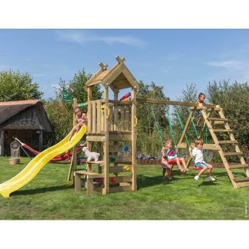 Jungle Gym legetårn Teepee m/klatremodul 200, gynger og gul rutsjebane