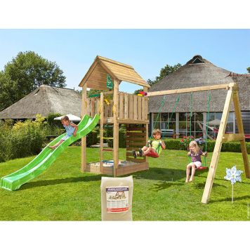 Jungle Gym legetårn Cabin m/gyngemodul, grøn rutsjebane og 120 kg sand