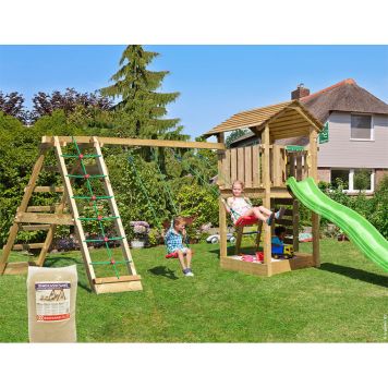 Jungle Gym legetårn Cottage 2.1 m/klatremodul, grøn rutsjebane og 120 kg sand