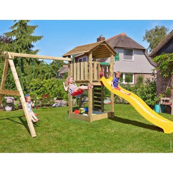 Jungle Gym legetårn Cottage 2.1 m/gyngemodul og gul rutsjebane