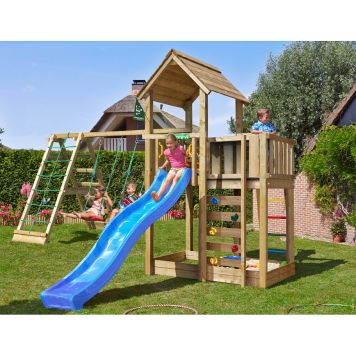 Jungle Gym legetårn Mansion m/klatremodul, blå rutsjebane og 120 kg sand