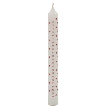 Kalenderlys hvid med hjerter 25 cm