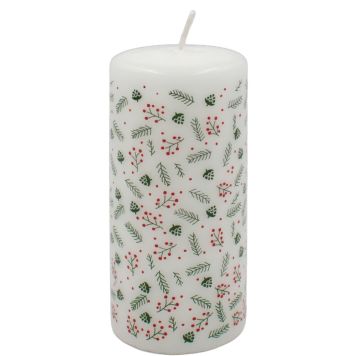 Bloklys hvid m/gren og bær 15 cm