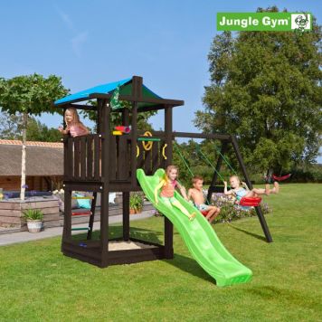 Jungle Gym legetårn Hut m/rutsjebane og gyngemodul sort 347x327x271 cm