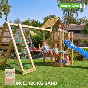 Jungle Gym legetårn Cubby m/klatremodul og gynger inkl. 120 kg sand trykimprægneret træ blå 440x400x305 cm