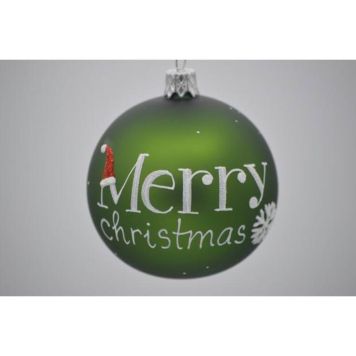 Julekugle glas grøn m/tekst Merry Christmas Ø7 cm 