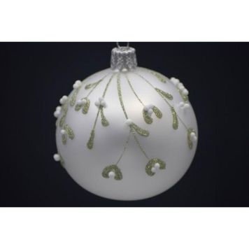 Julekugle glas perlemorshvid m/mistelten og glimmer Ø7 cm 
