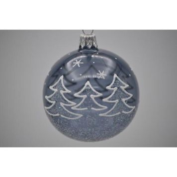 Julekugle glas klar røgfarvet m/sne og træer Ø7 cm 