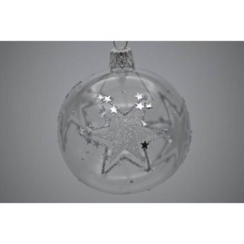 Julekugle glas klar m/sølvstjerner Ø7 cm 