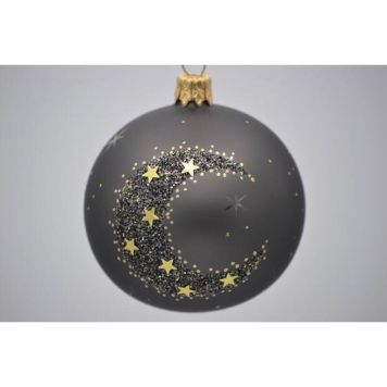 Julekugle glas sort m/halvmåne, stjerner og glimmer Ø7 cm 