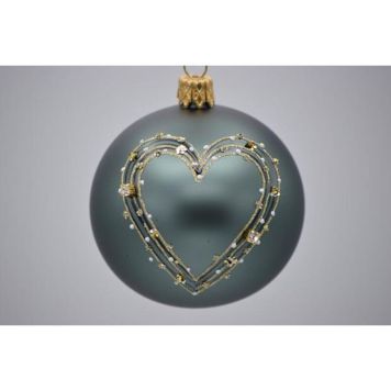 Julekugle glas grøn m/hjerte, sten og glimmer Ø7 cm  