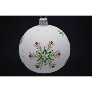 Julekugle glas hvid m/grønne snefnug Ø7 cm 