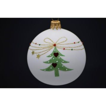 Julekugle glas hvid m/juletræ og sløjfe Ø7 cm