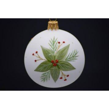 Julekugle glas hvid m/grøn blomst Ø7 cm 