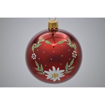 Julekugle glas rød m/hjerte af grene og blomster Ø7 cm 
