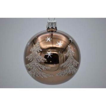 Julekugle glas brun m/sne og juletræer Ø7 cm 