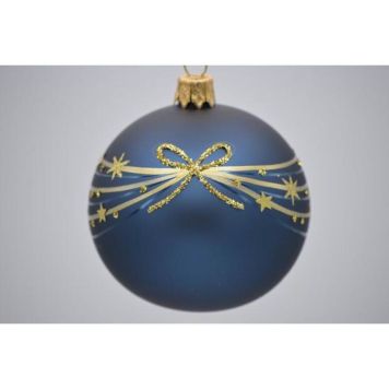 Julekugle glas blå m/sløjfe og stjerner Ø7 cm 