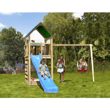 Jungle Gym legetårn Lodge 2.1 inkl. Swing Module og blå rutsjebane