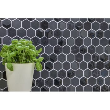 Mosaik Hexagon glas/marmor 3D sort mix 26 x 30 cm