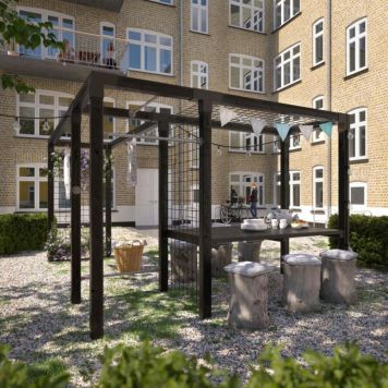 Plus pergola Daylife 4 trykimprægneret sort inkl. fitnesssæt, tørrestativ og bord