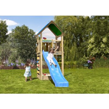 Jungle Gym legetårn Lodge 2.1 m/blå rutsjebane