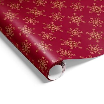 Julegavepapir rød m/snefnug i guld 5 m 