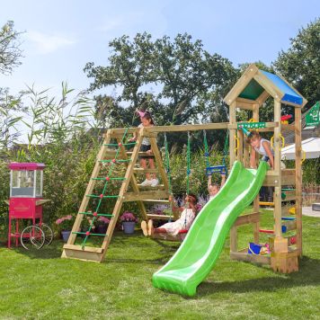 Jungle Gym legetårn Patio m/klatremodul og grøn rutsjebane 263x359x354 cm