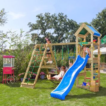 Jungle Gym legetårn Patio m/klatremodul og blå rutsjebane 263x359x354 cm