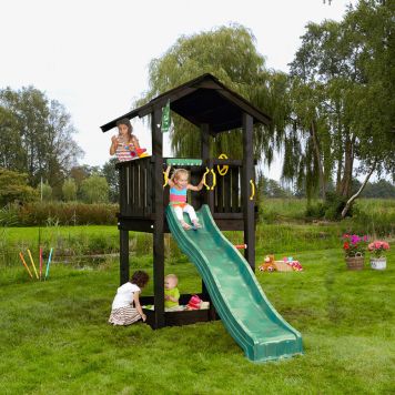Jungle Gym Casa legetårn trykimprægneret sort træ grøn rutsjebane 296x114x277 cm