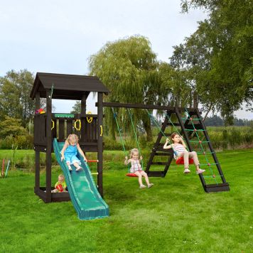 Jungle Gym Casa legetårn med klatremodul, gynge og grøn rutsjebane
