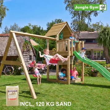 Jungle Gym legetårn Cubby m/gyngemodul inkl. 120 kg sand trykimprægneret træ grøn 373x400x305 cm