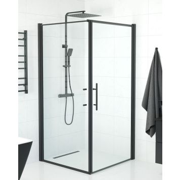 Camargue Skärgård brusevæg m/dør klart glas/sort profil - flere størrelser