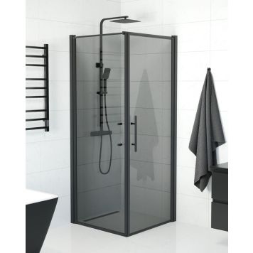 Camargue Skärgård brusevæg m/dør røget glas/sort profil - flere størrelser