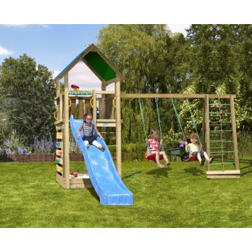 Jungle Gym legetårn Lodge 2.1 inkl. Climb Module og blå rutsjebane