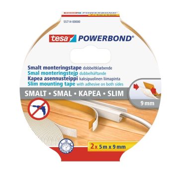 Tesa dobbeltklæbende monteringstape Powerbond Slim 5 m x 9 mm 2-pak